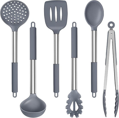 LIANYU Silicone Cooking Utensil Set, 6Pcs Heat Resistant Kitchen Utensils Set, Non-stick Stainless Steel Handle Spatula Tools, Dishwasher Safe, Grey