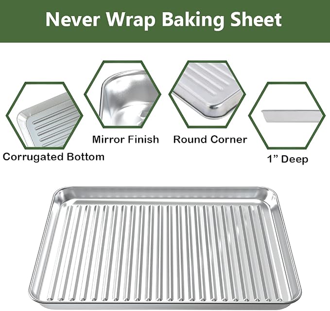Rottay Aluminum Free Stainless Steel Baking Sheet & Cooling Rack Combo - 12.4 x 9.6 x 1 inch, Corrugated Surface, Firmly Welded Cooling Rack