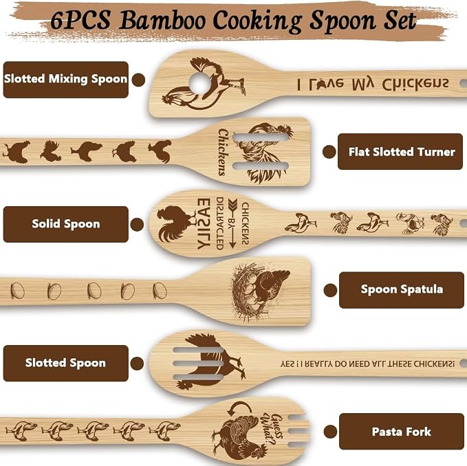 6Pcs 6 Styles Chicken Wooden Spoons for Cooking Mothers Day Rooster Gifts 11.8 x 2.4 Inch Rooster Kitchen Utensils Bamboo Set Chicken Kitchen Accessories Farmhouse Stuff Decor for Women