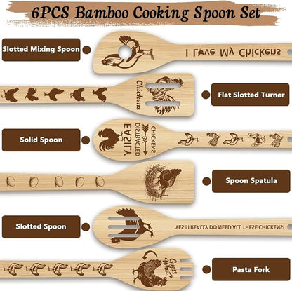 6Pcs 6 Styles Chicken Wooden Spoons for Cooking Mothers Day Rooster Gifts 11.8 x 2.4 Inch Rooster Kitchen Utensils Bamboo Set Chicken Kitchen Accessories Farmhouse Stuff Decor for Women
