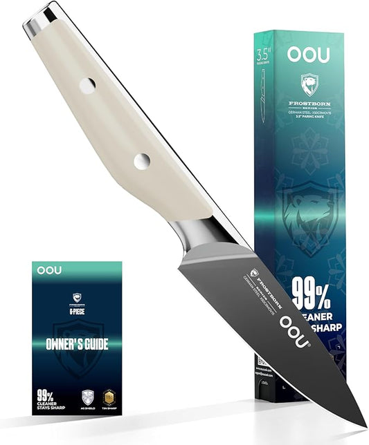 OOU 3.5'' Paring Knife, German 1.4116 Stainless Steel Kitchen Knife, Gunmetal Blade with AgShield & TinSharp Finish, Balanced ABS Handle, Sharp Utility Knife for Peeling, Trimming, Fruits