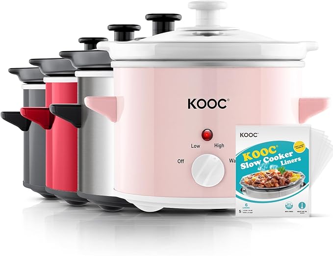 KOOC Small Slow Cooker, 2-Quart, Free Liners Included for Easy Clean-up, Upgraded Ceramic pot, Adjustable Temp, Nutrient Loss Reduction, Stainless Steel, Pink, Round