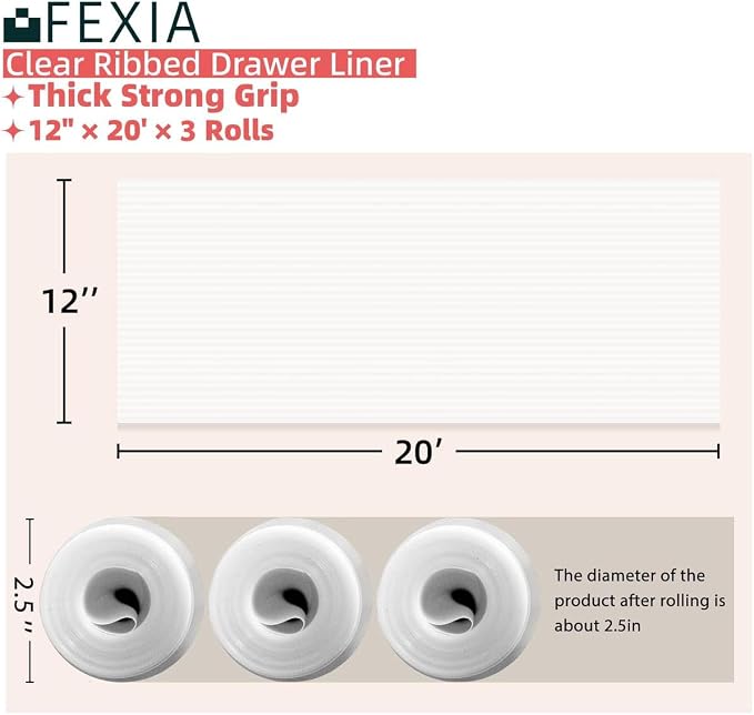FEXIA 3 Rolls Shelf Liners for Kitchen Cabinets Non-Slip Drawer Liner 12 Inches x 20 FT Waterproof & Oil-Proof Non Adhesive Durable Material Fridge Liner for Shelves