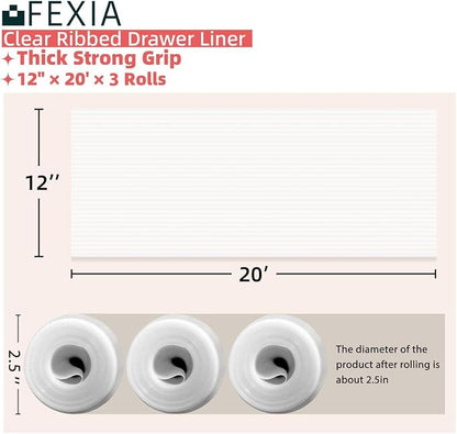 FEXIA 3 Rolls Shelf Liners for Kitchen Cabinets Non-Slip Drawer Liner 12 Inches x 20 FT Waterproof & Oil-Proof Non Adhesive Durable Material Fridge Liner for Shelves