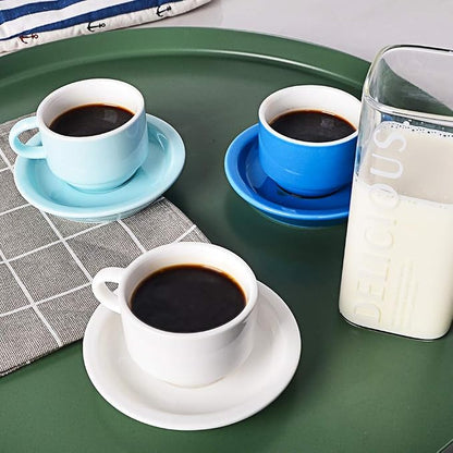 Sweejar Porcelain Espresso Cup & Saucer Set, Stackable Demitasse Cups with Metal Stand, 2.5 OZ for Latte,Coffee,Cafe Mocha,Tea, Set of 6(Blue)