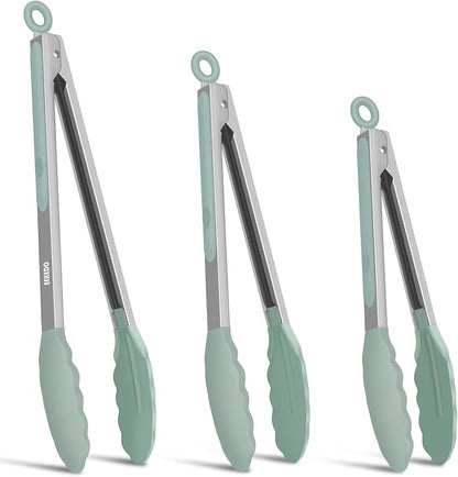 Kitchen Tongs, Stainless Steel Cooking Tongs with Silicone Tips, 600ºF High Heat-Resistant Non Scratch Locking Tongs for Cooking BBQ Grilling Air Fryer Pans, Set of 3 (7" 9" and 12") Sage Green