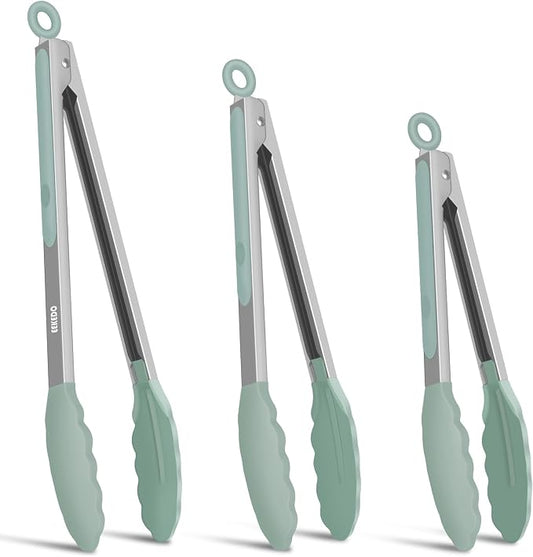 Kitchen Tongs, Stainless Steel Cooking Tongs with Silicone Tips, 600ºF High Heat-Resistant Non Scratch Locking Tongs for Cooking BBQ Grilling Air Fryer Pans, Set of 3 (7" 9" and 12") Sage Green