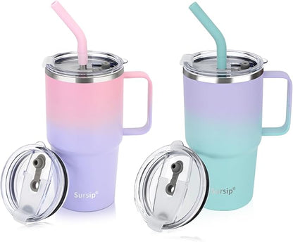 Sursip Insulated Coffee Mug with Handle and Lid, 24 oz Double Wall Vacuum Travel Thermal Coffee Tumbler with Straw for Home, Office & Outdoor Stainless Steel Coffee Cup - Leak proof, BPA Free (2 Pack)