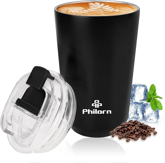 PHILORN Travel Mug Spill Proof - 12 OZ Insulated Coffee Cup With Lid, Black Stainless Steel Coffee Mug with Double Wall, For Hot and Cold Drinks