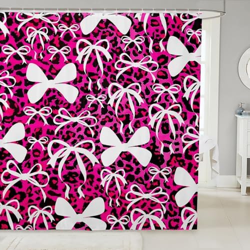 jejeloiu Cute Bowknot Shower Curtain for Bathroom Decor 72"x84" Pink Black Leopard Bath Curtain Kawaii Girls Bow Bathroom Accessories Waterproof Polyester Fabric for Stalls Bathtubs Princess Decor
