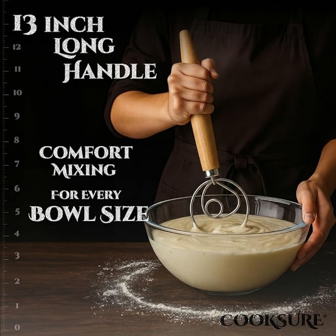 304 Stainless Steel Danish Dough Whisk for Sourdough 13 Inch – Super Sturdy Bread Whisk with Smooth Wooden Handle