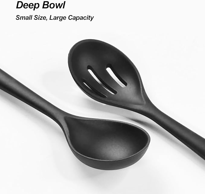 Silicone Spoons for Cooking - Kitchen Spoons for Mixing, Serving, & Stirring - 600°F Heat-Resistant Non Stick Utensils Ladle & Skimmer- Dishwasher Safe, Black,10.4IN