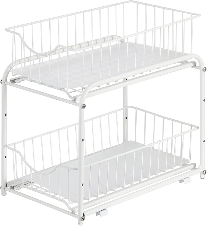 MOOACE 2-Tier Stackable Under Sink Storage Sliding Basket Organizer Drawer for Kitchen, Bathroom, Pantry, Cabinet, White
