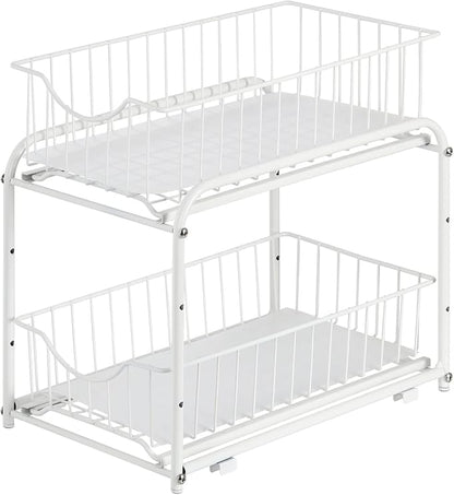 MOOACE 2-Tier Stackable Under Sink Storage Sliding Basket Organizer Drawer for Kitchen, Bathroom, Pantry, Cabinet, White