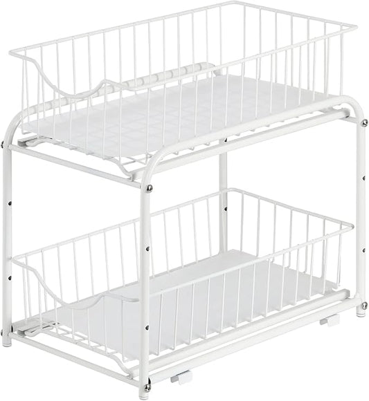 MOOACE 2-Tier Stackable Under Sink Storage Sliding Basket Organizer Drawer for Kitchen, Bathroom, Pantry, Cabinet, White