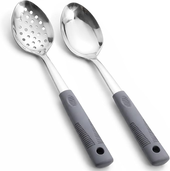 Metal Serving Spoons Set, Large Serving Spoons with Silicone Handles, Stainless Steel Serving Spoon, Slotted Spoon & Soup Ladle Set for Buffet and Home Kitchen (Dark gray)