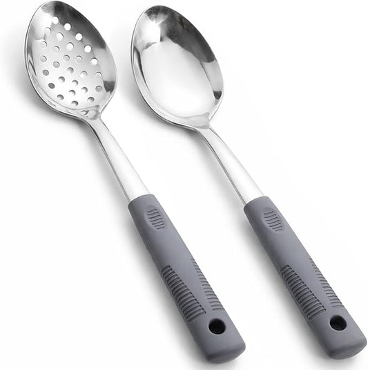 Metal Serving Spoons Set, Large Serving Spoons with Silicone Handles, Stainless Steel Serving Spoon, Slotted Spoon & Soup Ladle Set for Buffet and Home Kitchen (Dark gray)