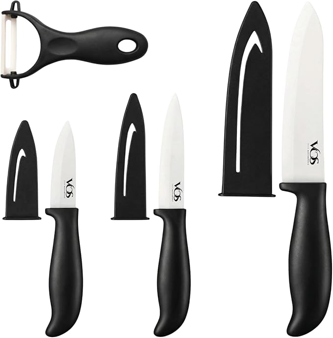 Vos Ceramic Knife Set with Peeler, Ceramic Knives Set For Kitchen, Ultra Sharp Kitchen Knife Set with Covers, 3" 4" 6" Paring, Utility & Chef Knife, Lightweight, Dishwasher safe (Black Handle)