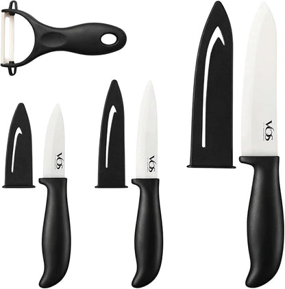 Vos Ceramic Knife Set with Peeler, Ceramic Knives Set For Kitchen, Ultra Sharp Kitchen Knife Set with Covers, 3" 4" 6" Paring, Utility & Chef Knife, Lightweight, Dishwasher safe (Black Handle)
