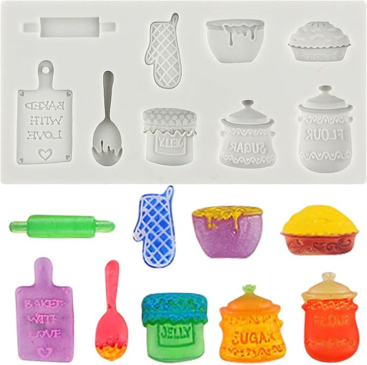 Miniature Home Baking Silicone Molds Rolling Pin Oven Glove Cake Bowl Wooden Spoon Chocolate Fondant Mold for Cake Decoration Cupcake Topper Candy Sugar Craft Polymer Clay Gum Paste