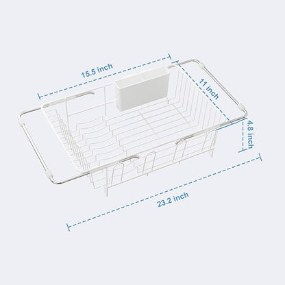JASIWAY White Dish Drying Rack in Sink, Expandable Stainless Steel Dish Drainers for Kitchen Counter, Dish Dryer Rack for Inside Sink, Over The Sink Dish Racks with Utensil Holder