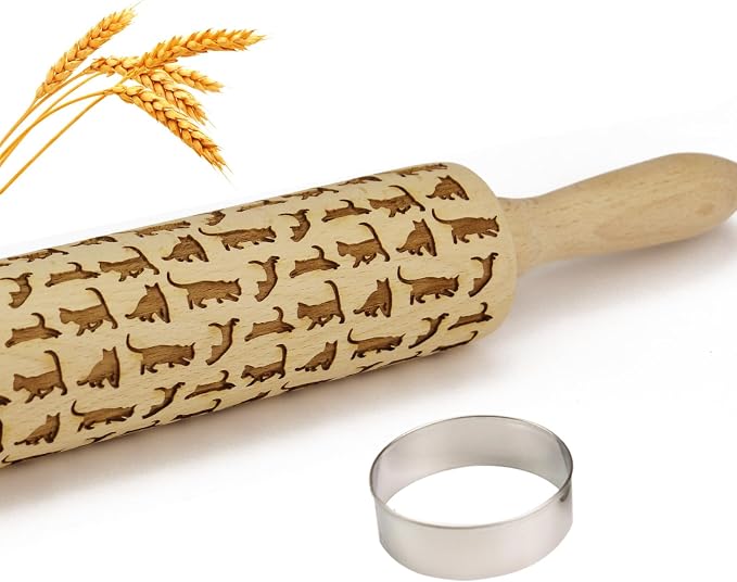 Embossed Rolling Pin for Baking Cookies Embossing Rolling Pins with Design Wooden Engraved Springerle Roller Pin Dough Animal Patterned Clay Pottery Ceramic Stamp Mold Gifts Bakers Women (Cat)