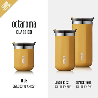 WACACO Octaroma Classico Travel Coffee Mug, Double-wall Stainless Steel Travel Tumbler With Drinking Lid, 6 fl oz (180ml), Amber Yellow