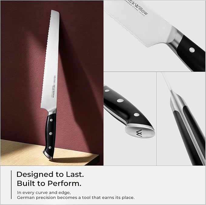 WICKWILLOW 10-Inch Serrated Bread Knife - German X50CrMoV15 Steel, Full Tang, Razor-Sharp Wavy Edge for Sourdough, Artisan Bread, Bagels, Cakes & Sandwich Loaves - Gift Boxed for Home Bakers