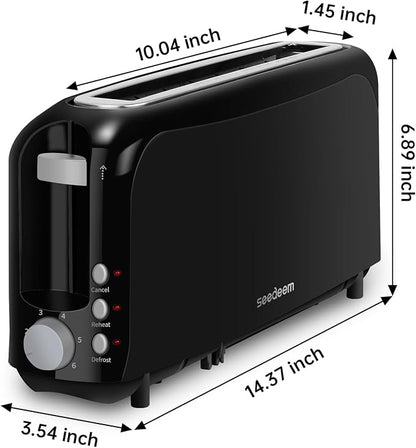 SEEDEEM 2 Slice Slim Toaster, Single 10" Long Slot Toaster Fits Bagels & Artisan Bread, 6 Shade Settings, Cancel/Reheat/Defrost, Removable Crumb Tray, Auto Shut-Off, Black