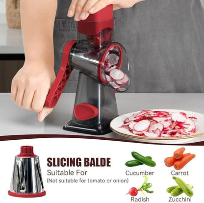 KEOUKE Rotary Cheese Grater Pro 6 in 1 - Shredder Crinkle Slicer Grinder Ice Shaver, Stable Suction, Time-saving Easy Use & Clean, Safe Morden Kitchen Tool for Cheese, Vegetable, Nuts, Chocolate
