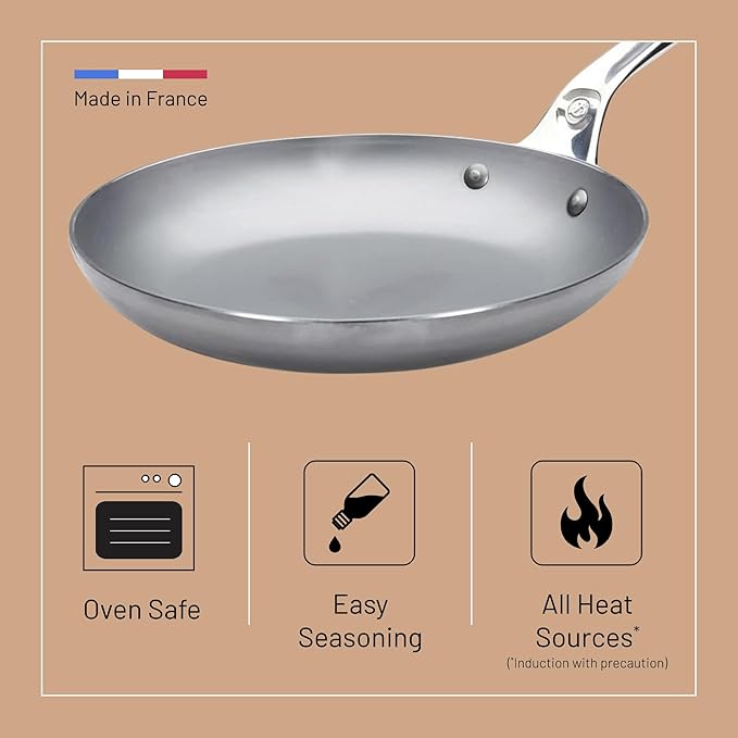 de Buyer MINERAL B Pro Carbon Steel Omelette Pan - 9.5” Diameter, 7.7” Cooking Surface - Naturally Non-Stick Finish - Made in France