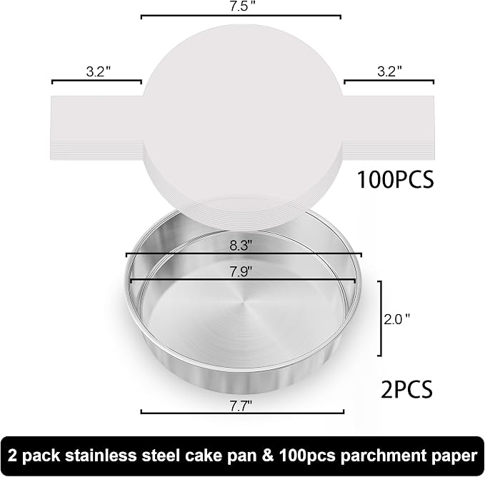 8 Inch Cake Pan Set of 3, 2Pack Cake Pans & 1Pack Parchment Paper(100 Sheet), Stainless Steel Round Layer Cake Baking Pans, Circle Cake Pan Tins for Birthday Christmas, Healthy & Dishwasher Safe