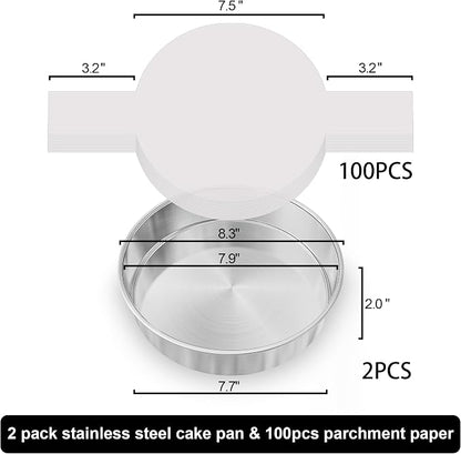 8 Inch Cake Pan Set of 3, 2Pack Cake Pans & 1Pack Parchment Paper(100 Sheet), Stainless Steel Round Layer Cake Baking Pans, Circle Cake Pan Tins for Birthday Christmas, Healthy & Dishwasher Safe