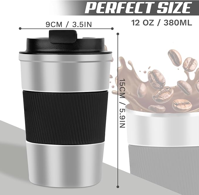 SPLMIFA Vacuum-Insulated Stainless Steel Travel Coffee Mug, Leak-Proof Reusable Coffee Cup with Lid-Keep Hot & Cold Drinks for Hours, Durable Insulated Tumbler for Men & Women(3rd-Silver black, 12OZ)