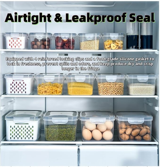 4 in 1 Food Storage Containers with Lids, Food Storage Containers With Lids Airtight, With Removable Colander, For Fruits & Vegetables, Easy to Soak, Clean, Drain and Store (Blue, S+M)