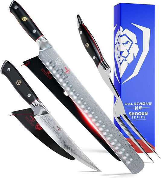 Dalstrong Slicing Carving Knife 12" + Fillet Knife 6" + Meat Fork - Shogun Series ELITE - Japanese AUS-10V Super Steel - Premium Carving Set - Black G10 Handle - Sheaths Included