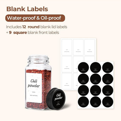 ComSaf 6Pcs 4oz Glass Spice Jars with Shaker Lids, 21 Labels, Spice Jars Trial Set & Supplement Set, Empty Spice Containers and Square Spice Bottles for Kitchen and Seasoning