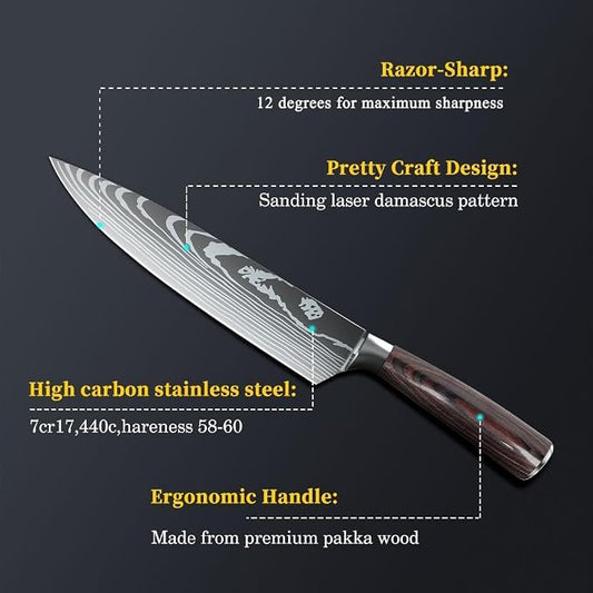 MDHAND 8 Inch Chef Knife, Professional High Carbon Stainless Steel Kitchen Knife with Ergonomic Pakkawood Handle, Ultra Sharp Cooking Knives, Dishwasher Safe, Chef Gifts