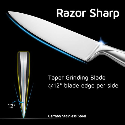 WELLSTAR Chef Knife 8 Inch, Razor Sharp German Stainless Steel Blade with Comfortable SS Hollow Finger Guard Handle for Kitchen Meat Sushi Vegetable Fruit Cutting Slicing Dicing, Gift Box