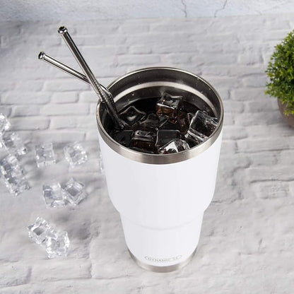 D·S 30oz White Tumbler Stainless Steel Double Wall Vacuum Insulated Mug with Straw and Lid, Cleaning Brush for Cold and Hot Beverages (30oz White)