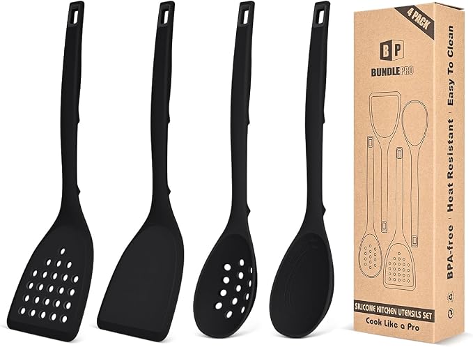 Pack of 4 Silicone Cooking Utensils Set, Non Stick Solid Spatulas and Heat Resistant Slotted Spoons with Back Hooks, Ideal BPA Free Kitchen Utensils Set for Frying,Serving,Turning,Stirring (BLACK)