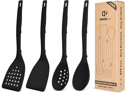 Pack of 4 Silicone Cooking Utensils Set, Non Stick Solid Spatulas and Heat Resistant Slotted Spoons with Back Hooks, Ideal BPA Free Kitchen Utensils Set for Frying,Serving,Turning,Stirring (BLACK)