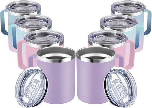 MEWAY 12oz Coffee Mug With Handle 2 Pack Bulk,Stainless Steel Insulated Travel Tumblers With Sliding Lid,Double Wall Vacuum Camping Cup for Hot & Cold Drinks Tea (Bubble Gum&Blue Waves,Set of 8)
