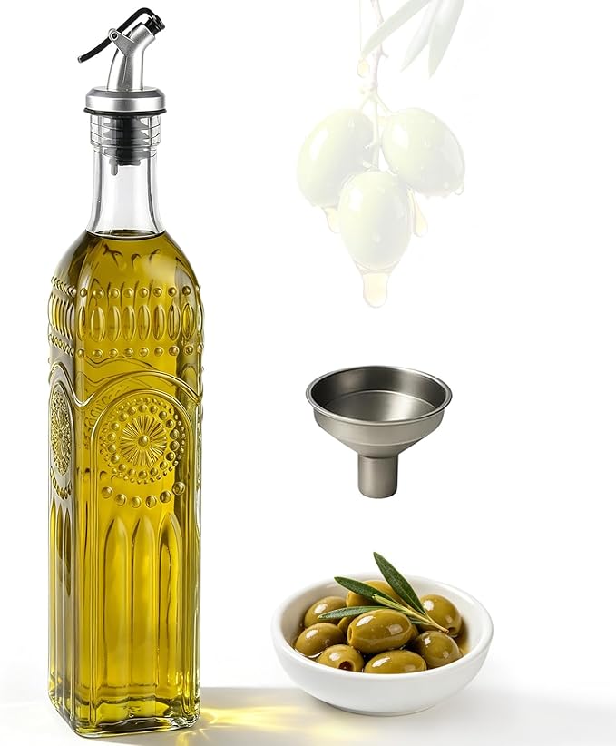 WERTIOO Olive Oil Dispenser Bottle for Kitchen,17oz Clear Glass Cooking Olive Oil and Vinegar Dispenser with Funnel, Delicately Engraved Glass Bottles for Kitchen