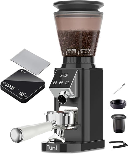 Tuni G1 Black Conical Burr Coffee Grinder with Black Digital Coffee Scale, 48 Grind Settings Anti-static Coffee Bean Espresso Grinder for Espresso/Drip/Cold Brew/French Press