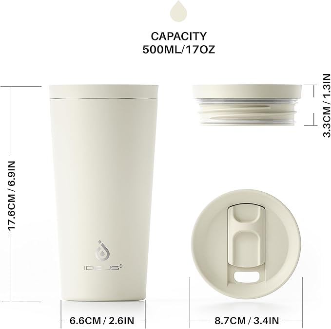 Ideus 17 oz Travel Coffee Mug, Double Wall Vacuum Stainless Steel Insulated Coffee Tumbler With Lid, Splash-Proof & Cup Holder Friendly, Keeps Drinks Hot/Cold, Dishwasher Safe, White