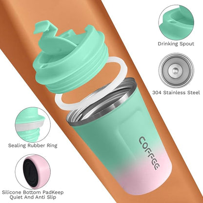 SPLMIFA Travel Coffee Mug Leak-Proof, Reusable Coffee Cups with Lids, Stainless Steel Vacuum Insulated Coffee Tumblers, Thermal Insulation Cup for Men and Women Hot & Cold Drinks(2nd-Green Pink, 17OZ)