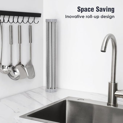 Tomorotec 21" x 15.5" Roll Up Dish Drying Rack Over Sink Drying Rack Sink Cover Kitchen Sink Accessories Gadget Multipurpose Organizer Foldable Stainless Steel Drainer