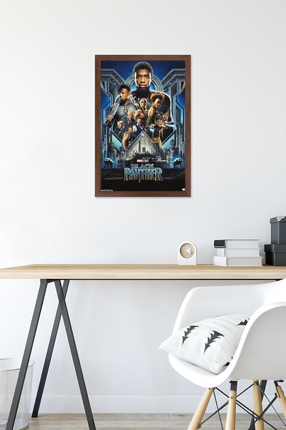 Trends International Marvel Cinematic Universe - Black Panther - Group One Sheet Wall Poster, 14.725" x 22.375", Mahogany Framed Version