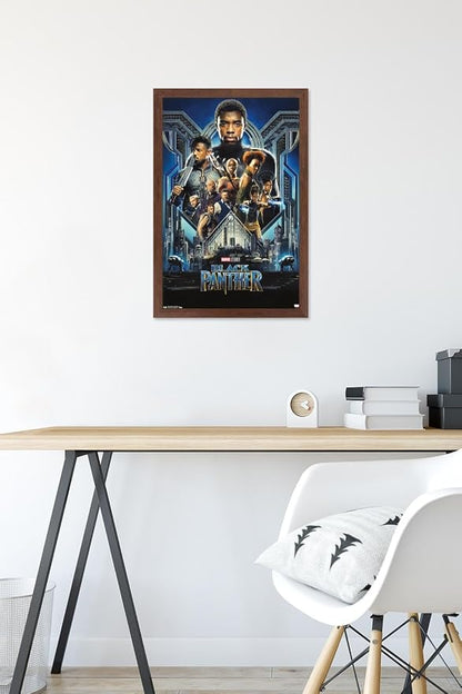 Trends International Marvel Cinematic Universe - Black Panther - Group One Sheet Wall Poster, 14.725" x 22.375", Mahogany Framed Version
